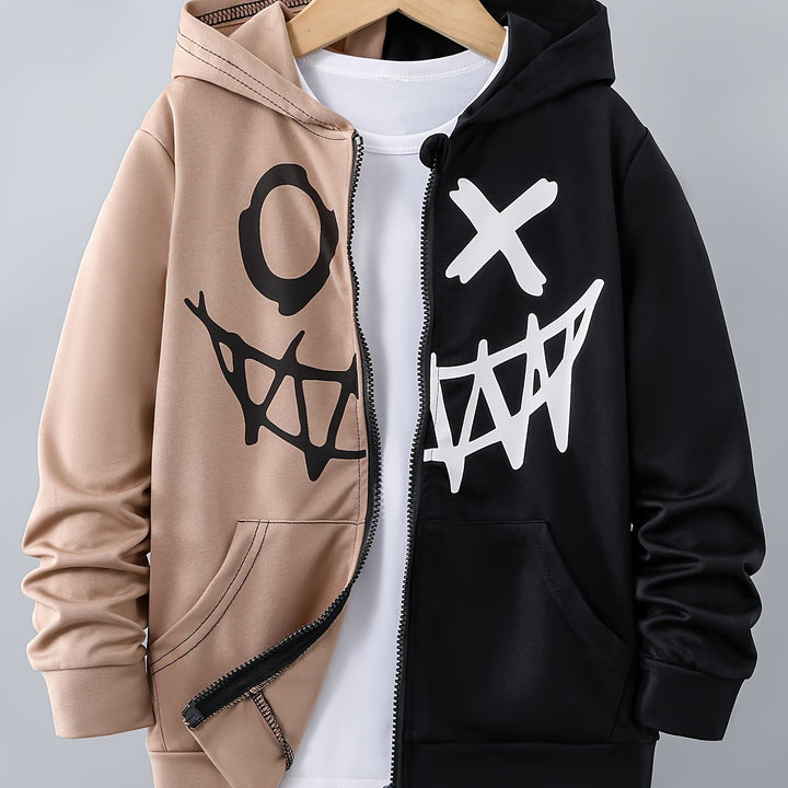 Funny Expression Graphic Print Boys Colorblock Zip Up Lightweight Hoodie Sweatshirt Casual Long Sleeve Hoodies with Pockets Gym Sports Hooded Jacket - Gufetto Brand 