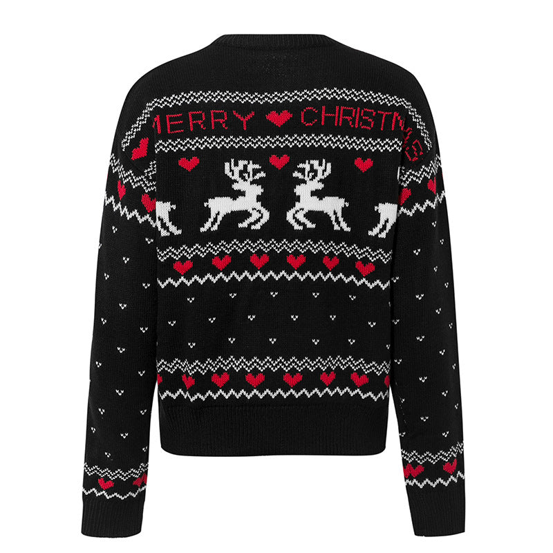 Simpatico maglione con stampa a cuore di alce Pullover alla moda da donna Maglione lavorato a maglia di Natale Top invernali - Gufetto Brand 
