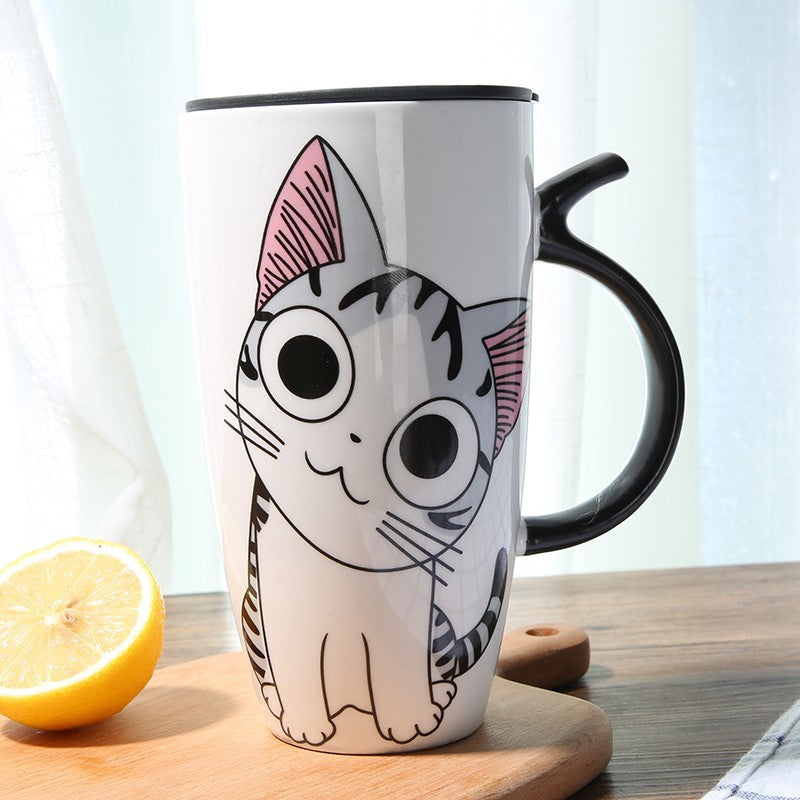 Tazza da caffè in ceramica simpatico gatto con coperchio Tazze per animali di grande capacità da 600 ml Bicchieri creativi Caffè Tazze da tè Regali novità Tazza di latte - Gufetto Brand 