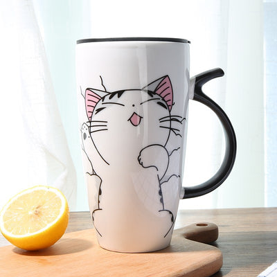 Tazza da caffè in ceramica simpatico gatto con coperchio Tazze per animali di grande capacità da 600 ml Bicchieri creativi Caffè Tazze da tè Regali novità Tazza di latte - Gufetto Brand 