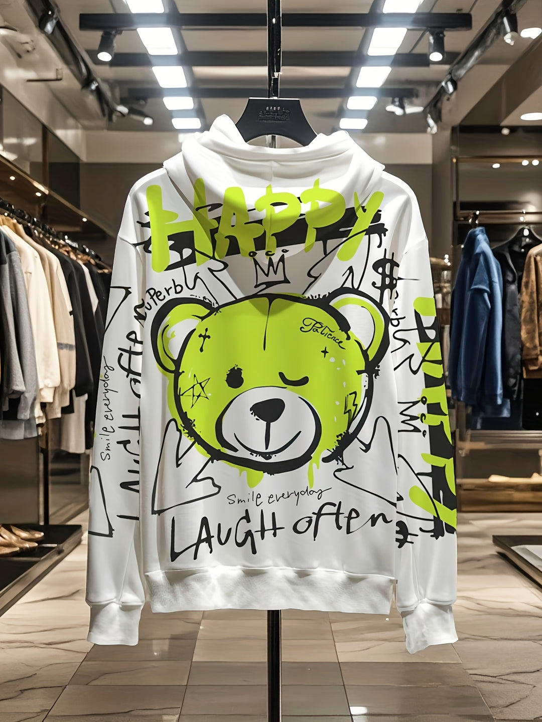 1pc Happy Bear Cartoon Graffiti Print Men'S Hoodie, Casual Streetwear Style, Loose Fit Pullover, Polyester Knit Fabric, Regular Size, Party & Daily Wear - Gufetto Brand 