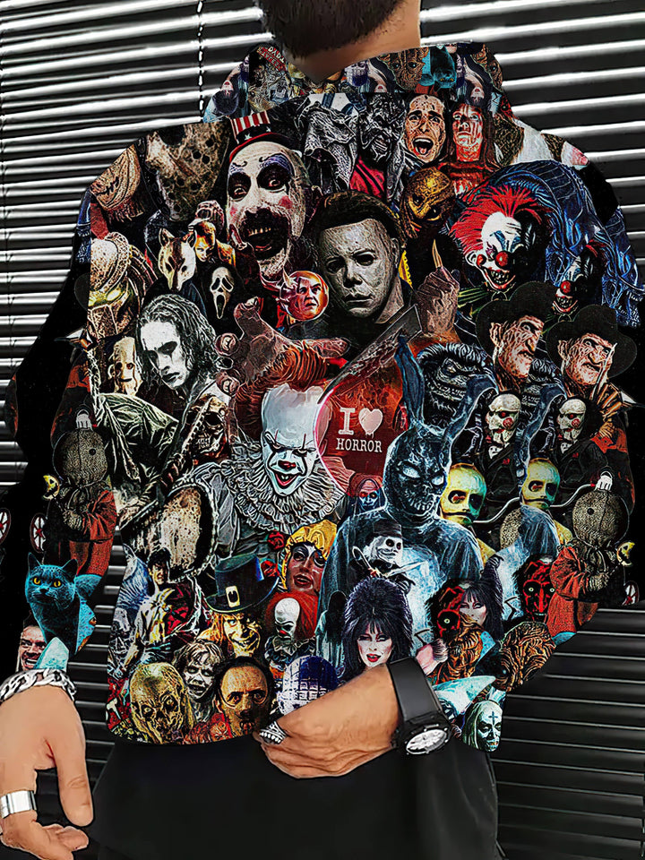 Men's Casual Horror Themed Hoodie with All Over Print - Polyester Spandex Blend, Slight Stretch, Hooded Pullover with Knit Fabric, Regular Fit for Autumn Winter - Gufetto Brand 