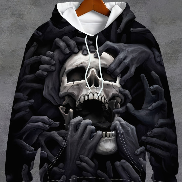 Men's Broken Skull And Hands Pattern Hooded Sweatshirt With Drawstring And Kangaroo Pocket, Sports Fashion Hoodie For Spring And Fall - Gufetto Brand 