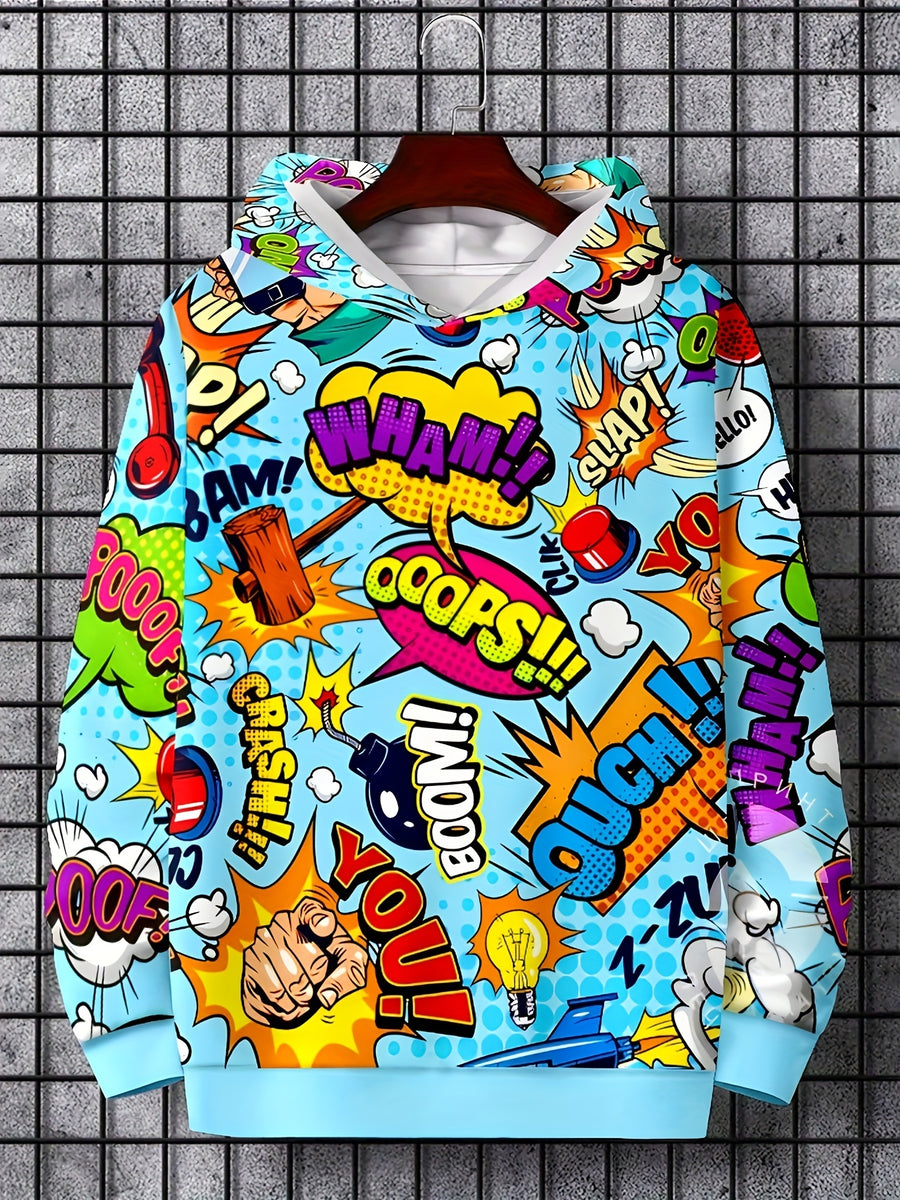 1pc Men'S 3D Comic Print Hoodie, Casual Style, Polyester Knit Pullover with Long Sleeves, Regular Fit, Spring/Autumn Fashion Sweatshirt - Gufetto Brand 