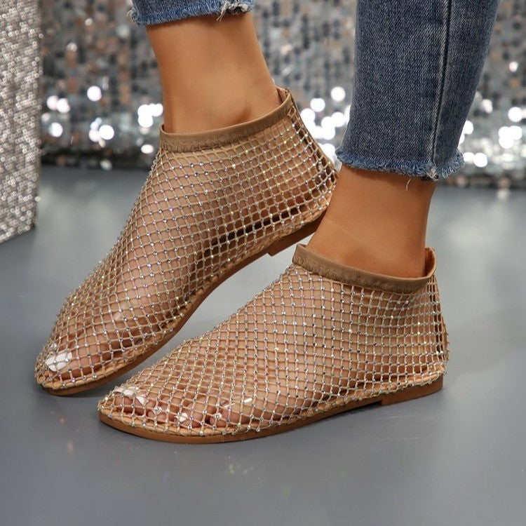 Nuovi sandali piatti cavi con design strass Scarpe estive con punta tonda per le donne - Gufetto Brand 