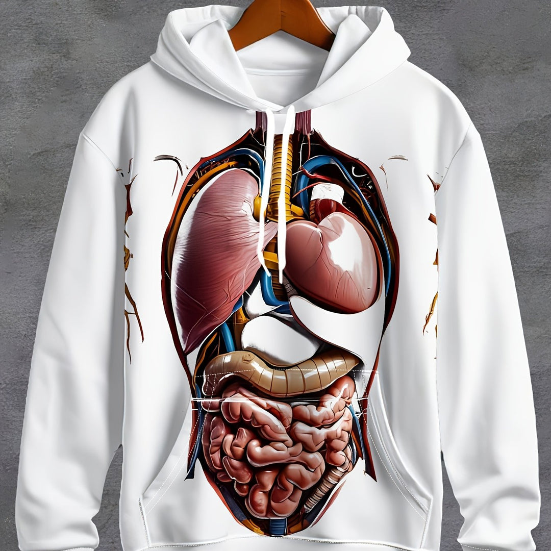 1pc Men'S 3D Anatomical Print Hoodie, Casual Polyester Knit Fabric Sweatshirt with Slight Stretch, Regular Fit Hooded Pullover for Fall/Winter Streetwear - Gufetto Brand 