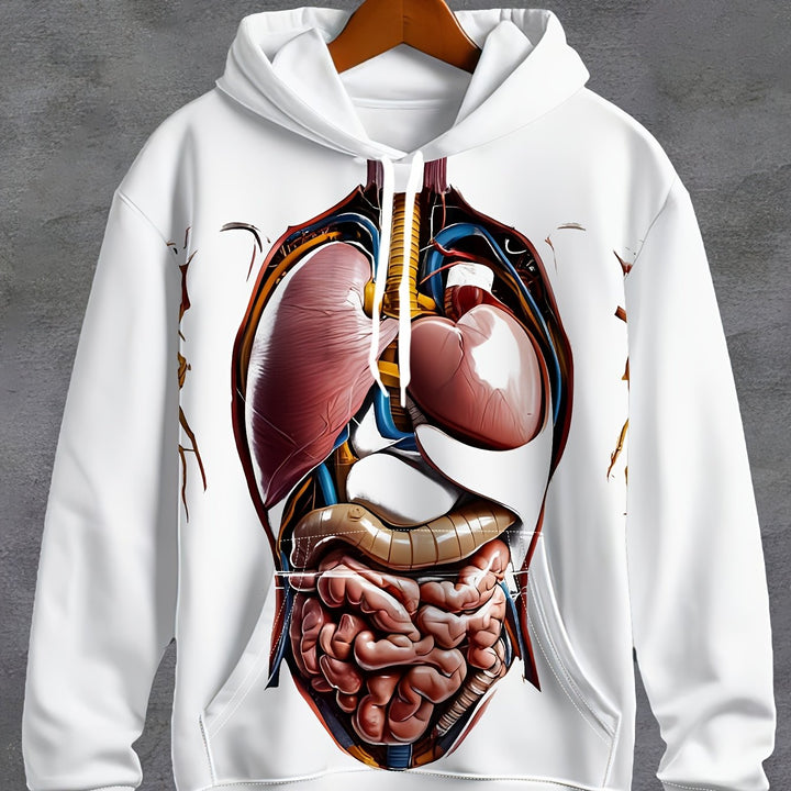 1pc Men'S 3D Anatomical Print Hoodie, Casual Polyester Knit Fabric Sweatshirt with Slight Stretch, Regular Fit Hooded Pullover for Fall/Winter Streetwear - Gufetto Brand 