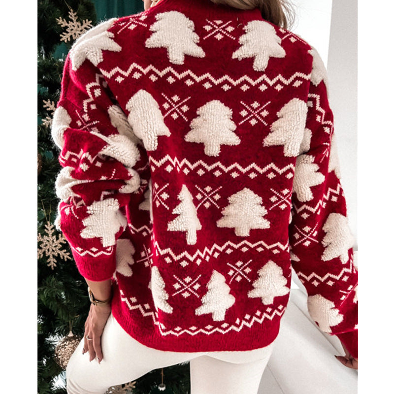 Maglione a maniche lunghe ricamato con asciugamano natalizio a mezzo dolcevita da donna - Gufetto Brand 