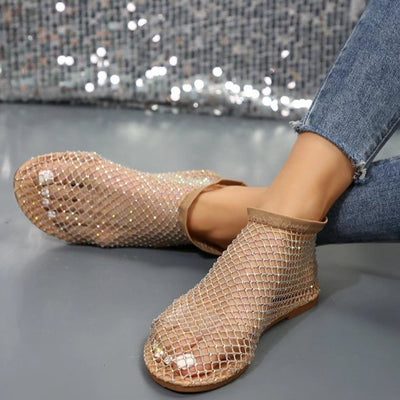 Nuovi sandali piatti cavi con design strass Scarpe estive con punta tonda per le donne - Gufetto Brand 