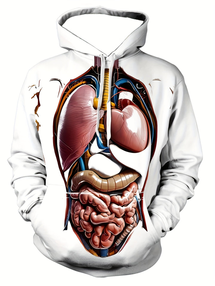 1pc Men'S 3D Anatomical Print Hoodie, Casual Polyester Knit Fabric Sweatshirt with Slight Stretch, Regular Fit Hooded Pullover for Fall/Winter Streetwear - Gufetto Brand 