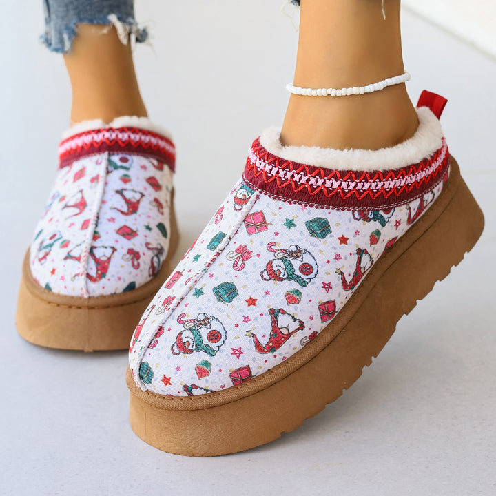 Stivaletti da donna con stampa natalizia in cartone animato, scarpe casual foderate in peluche, comodi stivaletti invernali - Gufetto Brand 