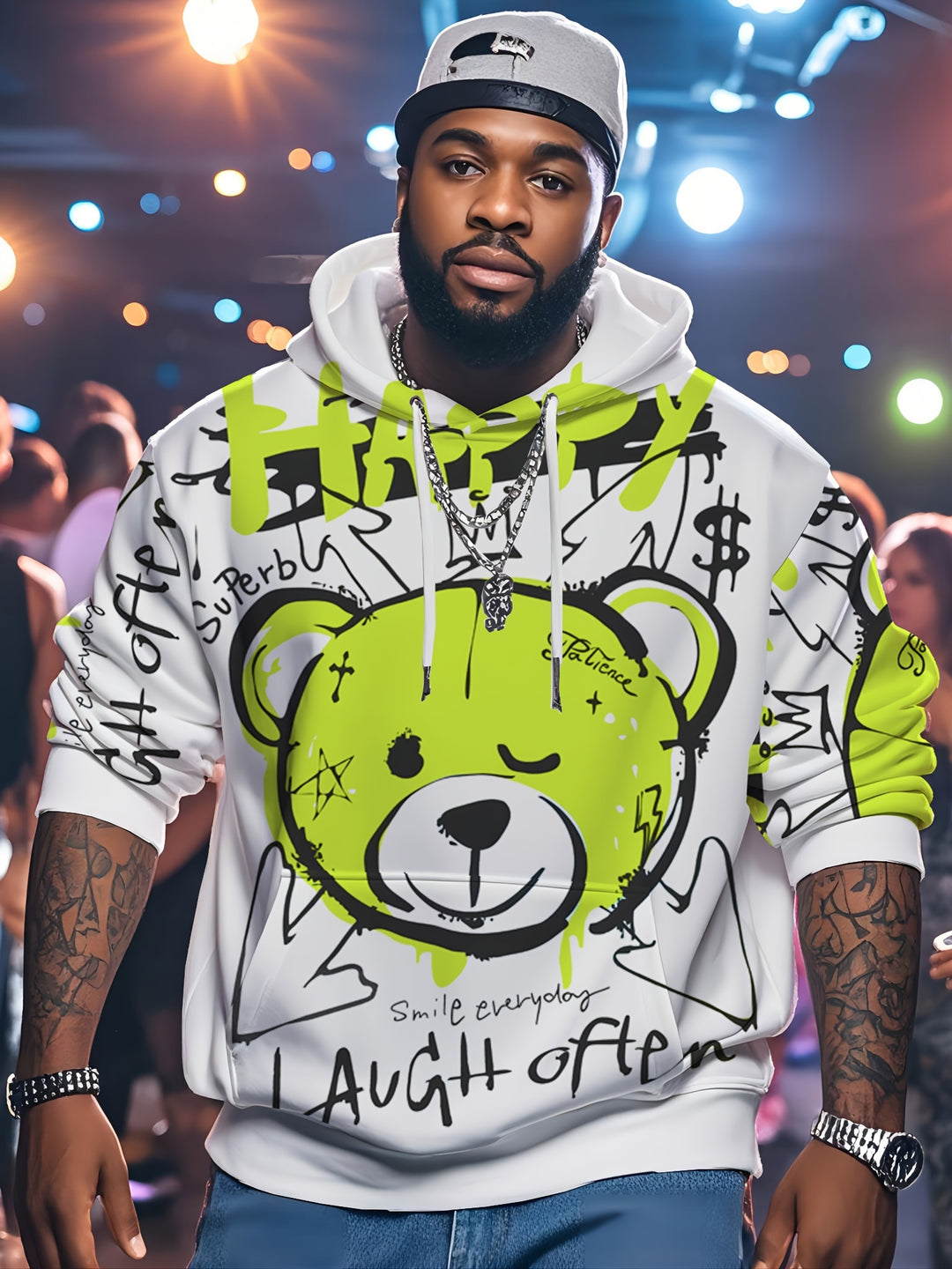 1pc Happy Bear Cartoon Graffiti Print Men'S Hoodie, Casual Streetwear Style, Loose Fit Pullover, Polyester Knit Fabric, Regular Size, Party & Daily Wear - Gufetto Brand 