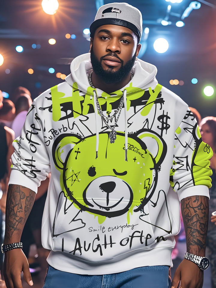 1pc Happy Bear Cartoon Graffiti Print Men'S Hoodie, Casual Streetwear Style, Loose Fit Pullover, Polyester Knit Fabric, Regular Size, Party & Daily Wear - Gufetto Brand 
