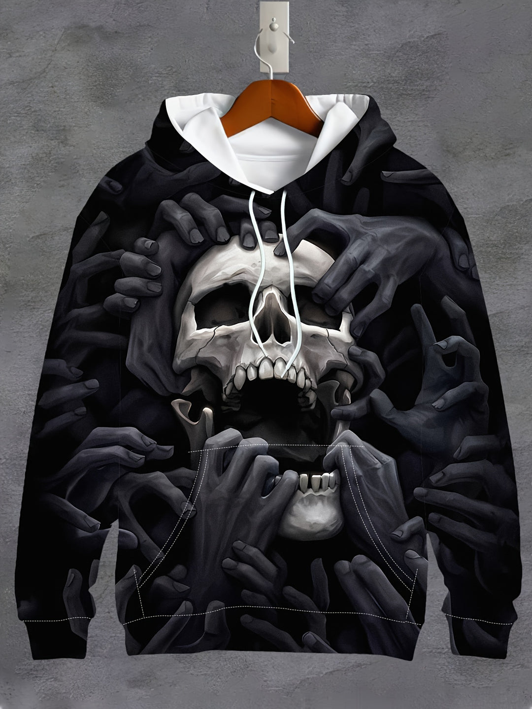 Men's Broken Skull And Hands Pattern Hooded Sweatshirt With Drawstring And Kangaroo Pocket, Sports Fashion Hoodie For Spring And Fall - Gufetto Brand 