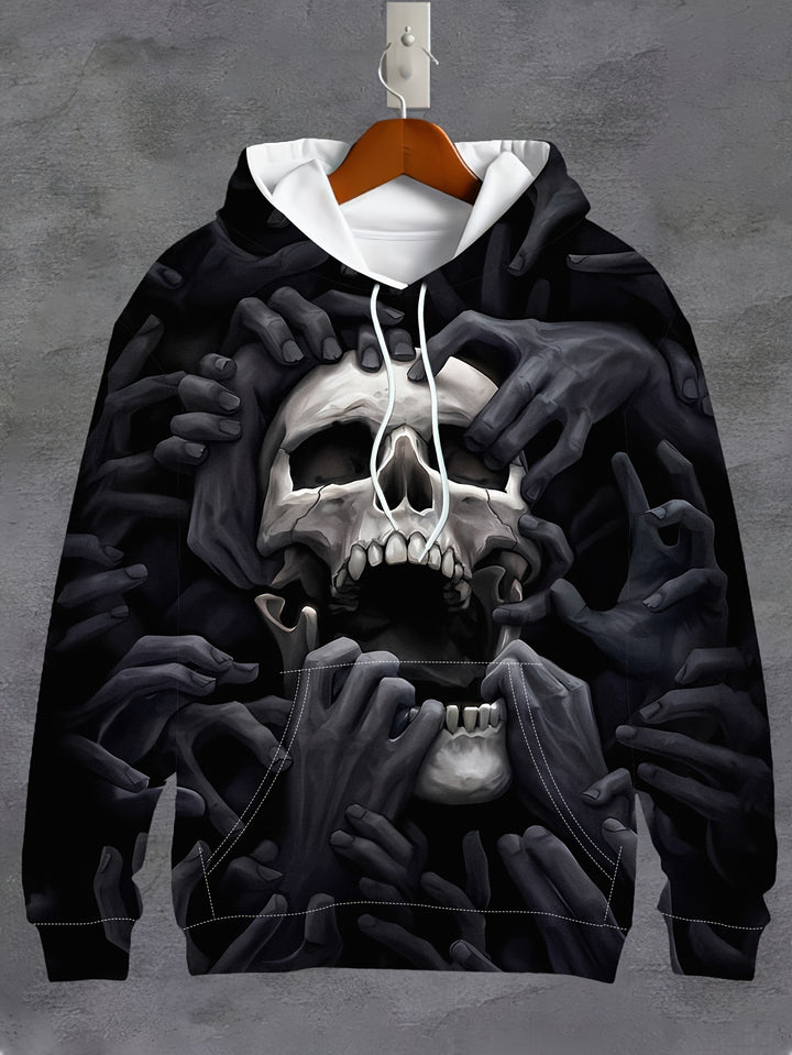 Men's Broken Skull And Hands Pattern Hooded Sweatshirt With Drawstring And Kangaroo Pocket, Sports Fashion Hoodie For Spring And Fall - Gufetto Brand 