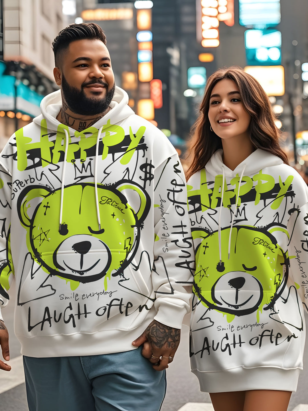 1pc Happy Bear Cartoon Graffiti Print Men'S Hoodie, Casual Streetwear Style, Loose Fit Pullover, Polyester Knit Fabric, Regular Size, Party & Daily Wear - Gufetto Brand 