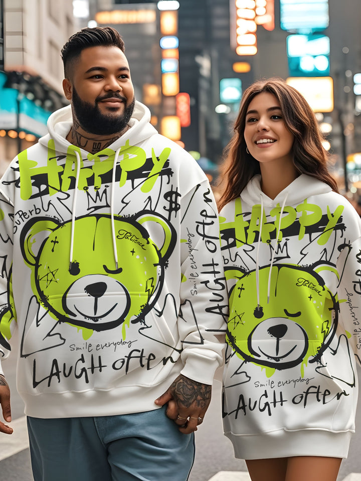 1pc Happy Bear Cartoon Graffiti Print Men'S Hoodie, Casual Streetwear Style, Loose Fit Pullover, Polyester Knit Fabric, Regular Size, Party & Daily Wear - Gufetto Brand 
