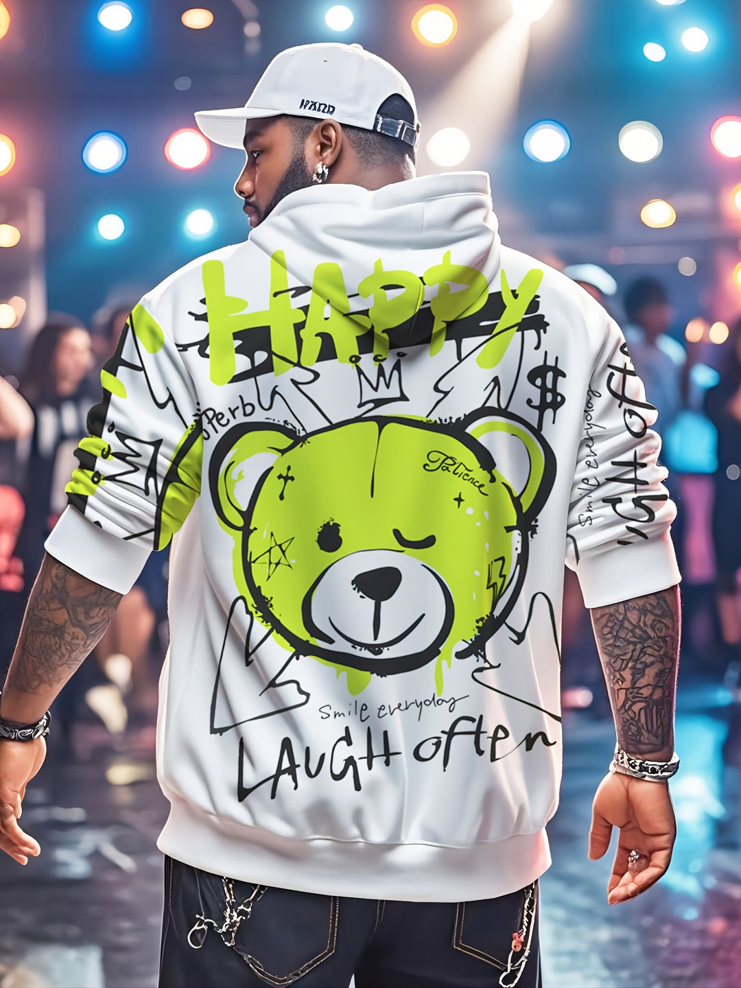 1pc Happy Bear Cartoon Graffiti Print Men'S Hoodie, Casual Streetwear Style, Loose Fit Pullover, Polyester Knit Fabric, Regular Size, Party & Daily Wear - Gufetto Brand 
