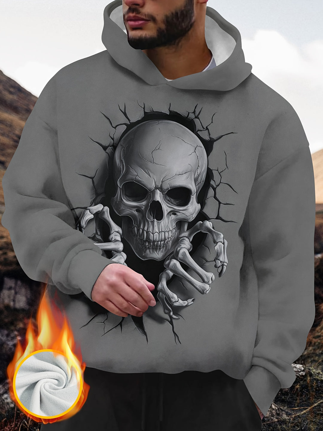 Men's fleece hoodie cracked skull print pattern Men's casual hooded sweatshirt Men's fashion sweatshirt Men's hooded sweatshirt digital printing Craftsmanship plus velvet for warmth - Gufetto Brand 