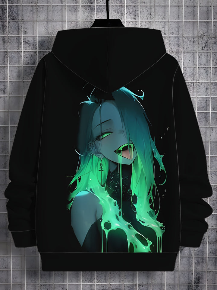 Men's Casual Hoodie with Fluorescent Anime Print - Comfortable Polyester Pullover for Outdoor Leisure, Machine Washable - Gufetto Brand 