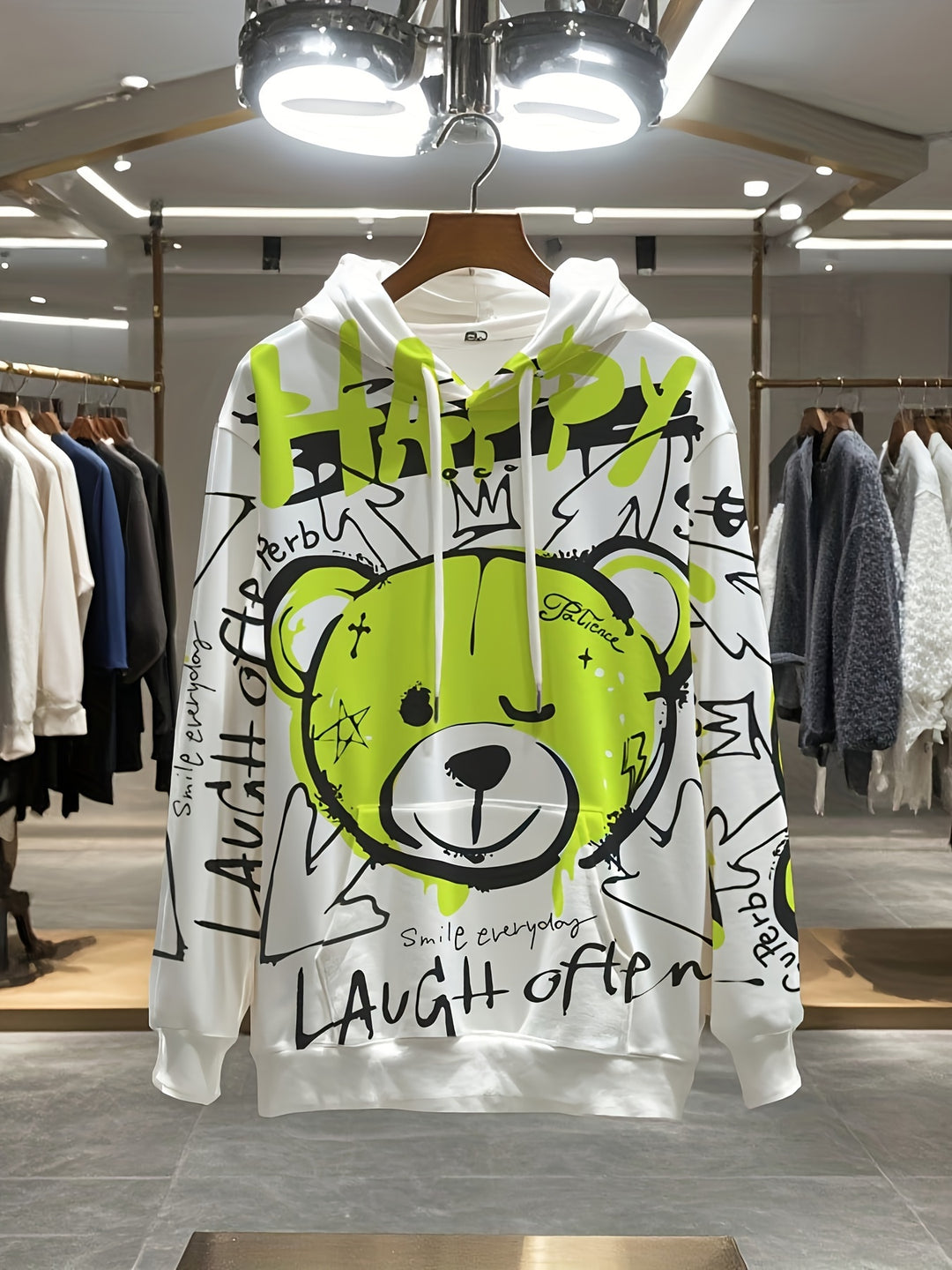 1pc Happy Bear Cartoon Graffiti Print Men'S Hoodie, Casual Streetwear Style, Loose Fit Pullover, Polyester Knit Fabric, Regular Size, Party & Daily Wear - Gufetto Brand 