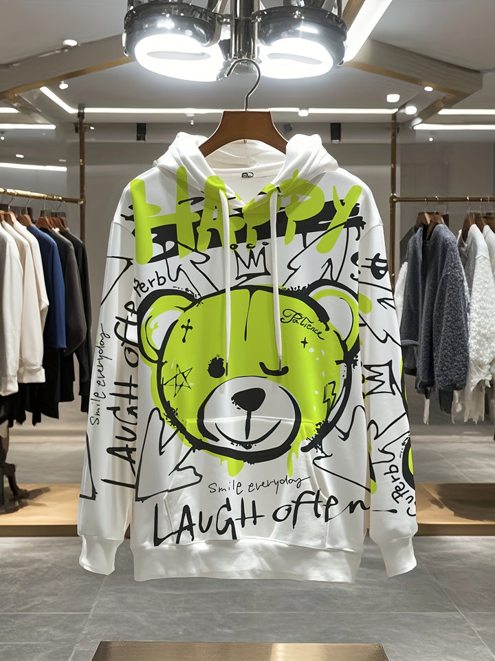 1pc Happy Bear Cartoon Graffiti Print Men'S Hoodie, Casual Streetwear Style, Loose Fit Pullover, Polyester Knit Fabric, Regular Size, Party & Daily Wear - Gufetto Brand 