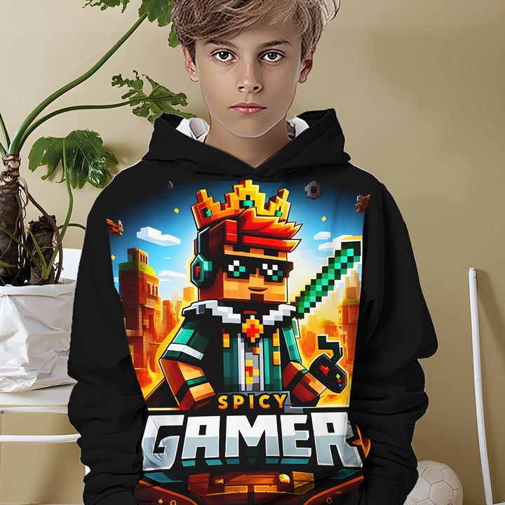 Boys' Cool 3D Cartoon Character Hoodie - Comfy & Stylish Pullover for Spring/Fall, Polyester Blend, Casual, Print, Leisure Style, Conventional Version, Spring/Autumn - Gufetto Brand 