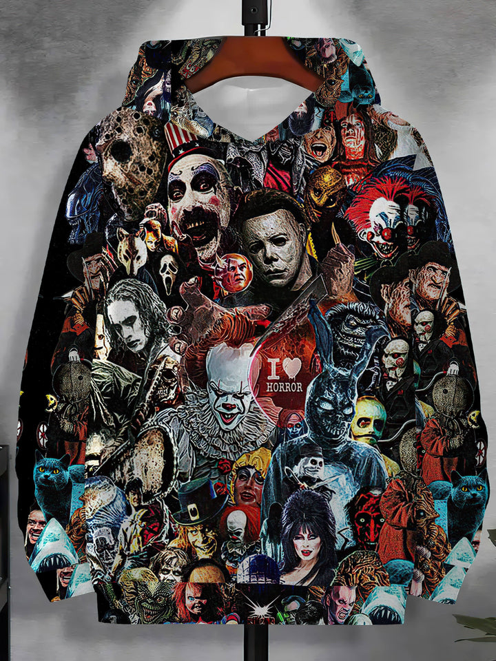 Men's Casual Horror Themed Hoodie with All Over Print - Polyester Spandex Blend, Slight Stretch, Hooded Pullover with Knit Fabric, Regular Fit for Autumn Winter - Gufetto Brand 