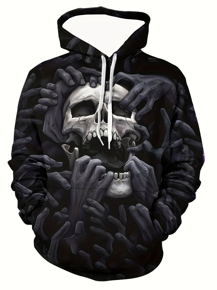Men's Broken Skull And Hands Pattern Hooded Sweatshirt With Drawstring And Kangaroo Pocket, Sports Fashion Hoodie For Spring And Fall - Gufetto Brand 
