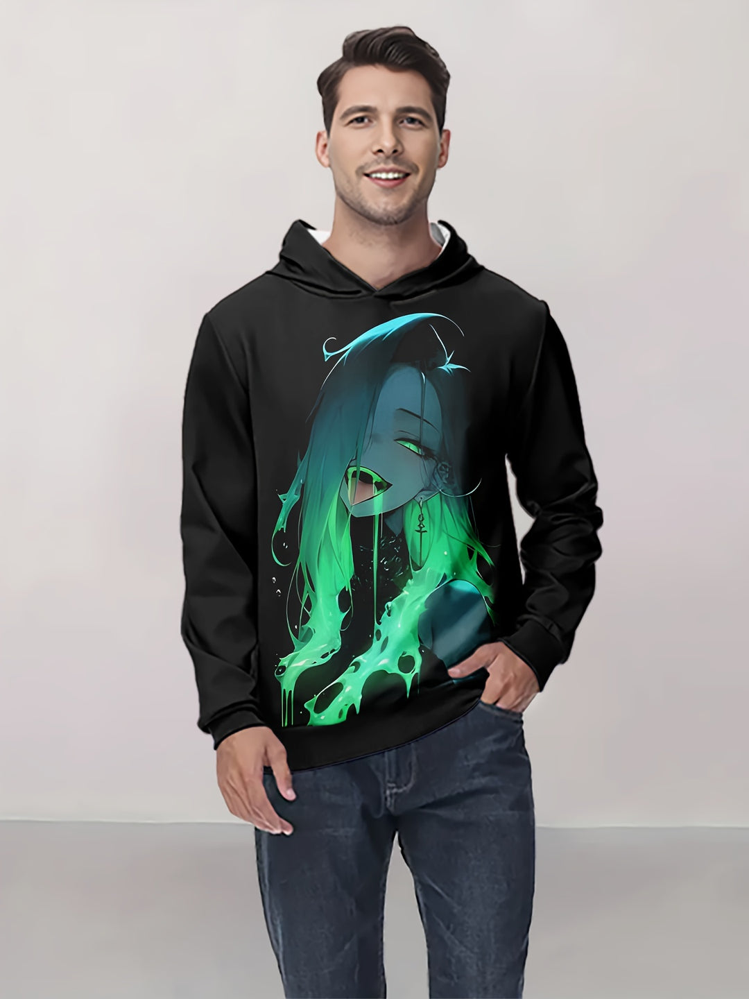 Men's Casual Hoodie with Fluorescent Anime Print - Comfortable Polyester Pullover for Outdoor Leisure, Machine Washable - Gufetto Brand 