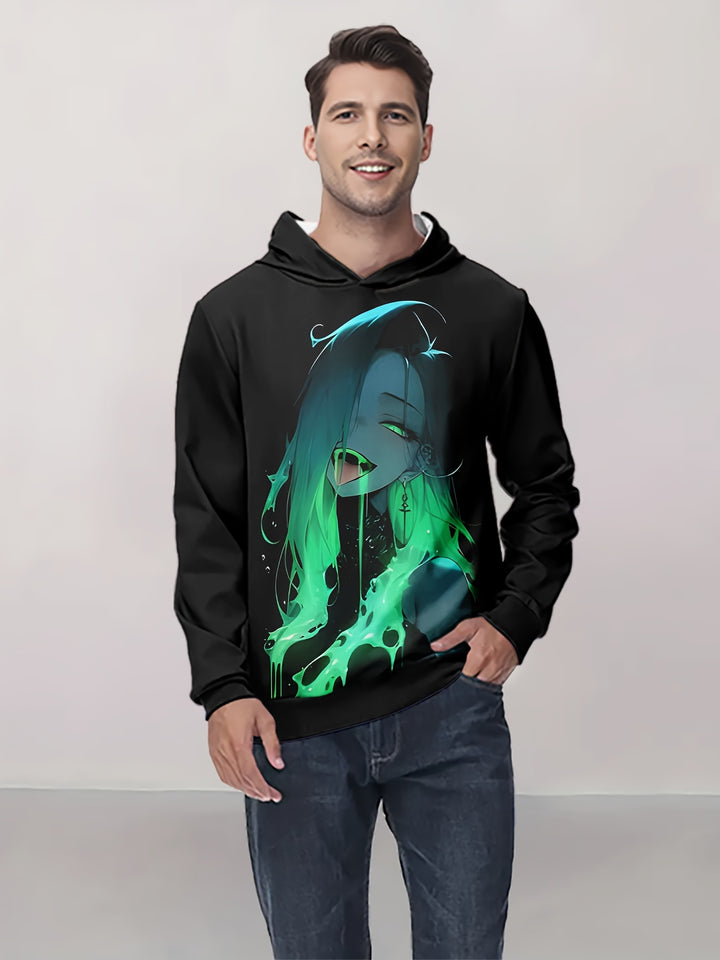 Men's Casual Hoodie with Fluorescent Anime Print - Comfortable Polyester Pullover for Outdoor Leisure, Machine Washable - Gufetto Brand 