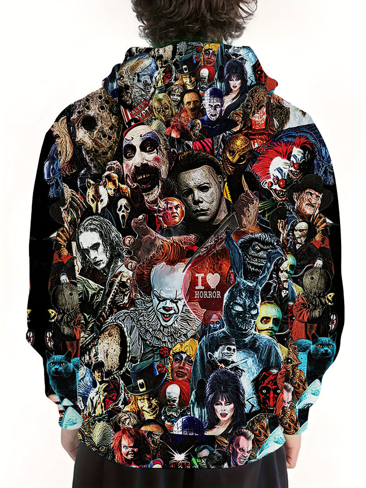 Men's Casual Horror Themed Hoodie with All Over Print - Polyester Spandex Blend, Slight Stretch, Hooded Pullover with Knit Fabric, Regular Fit for Autumn Winter - Gufetto Brand 