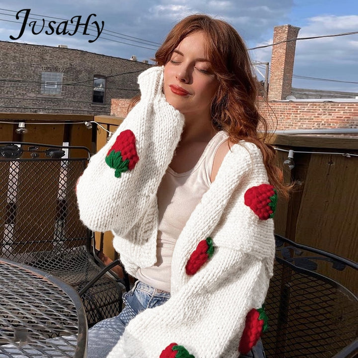 JuSaHy Maglioni cardigan natalizi con decorazione elegante a forma di fragola per le donne Cappotto monopetto allentato con scollo a V da ragazza Nuovo - Gufetto Brand 