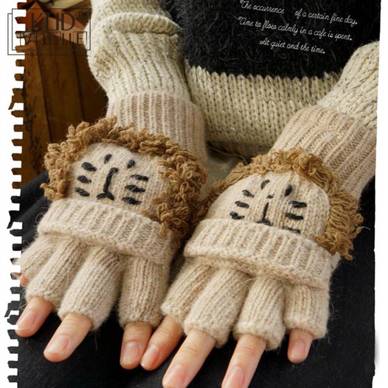 Mori Girl Lolita Kawaii Mezze Dita Cartoon Lovely Bear Lion Guanti di lana invernali Caldi - Gufetto Brand 
