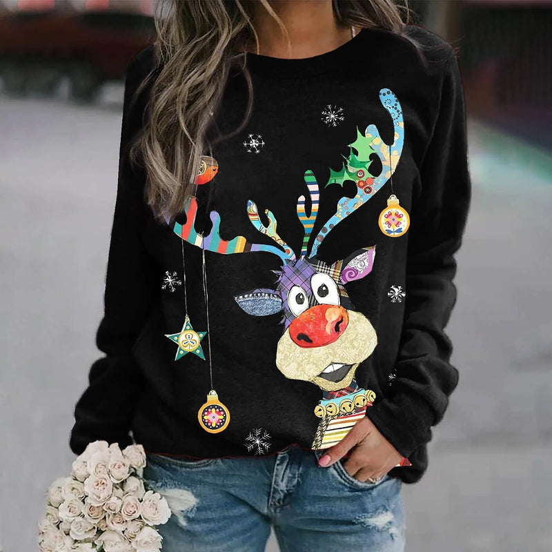 Autunno Inverno Maglione di Natale Top eleganti vintage da donna Girocollo T-shirt con pupazzo di neve a maniche lunghe stampata con animali - Gufetto Brand 
