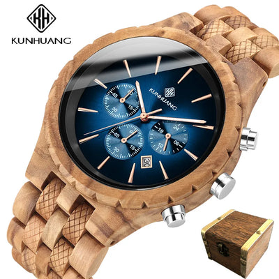 KUNHUANG Handmade Wooden Watch Multifunction Dial Mens Quartz Watch Luxury Luminous Chronograph Custom Logo relógio masculino - Gufetto Brand 