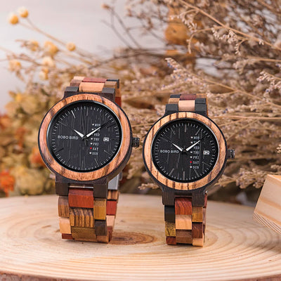 BOBO BIRD Couple Wooden Watch Luxury Brand Wood Timepieces Week Date Display Quartz Watches for Men Women Customized Family Gift - Gufetto Brand 
