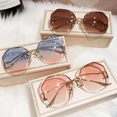 Rimless Sunglasses Polygon Fashion Popular Women Men Shades Big Frame Round Sun Glasses for Female Oculos Gradient Sunglasses - Gufetto Brand 