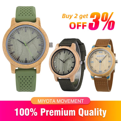 BOBO BIRD Wood Watch for Men Women Japan Analog Quartz Wristwatches 44mm Causal Green Leather Custom Watches relogio masculino - Gufetto Brand 