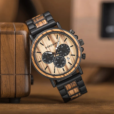 BOBOBIRD Luxury Men Watch Top Quartz Chronograph Personalized Wristwatch Timepiece Metal Wooden Strap Gift Box relogio masculino - Gufetto Brand 
