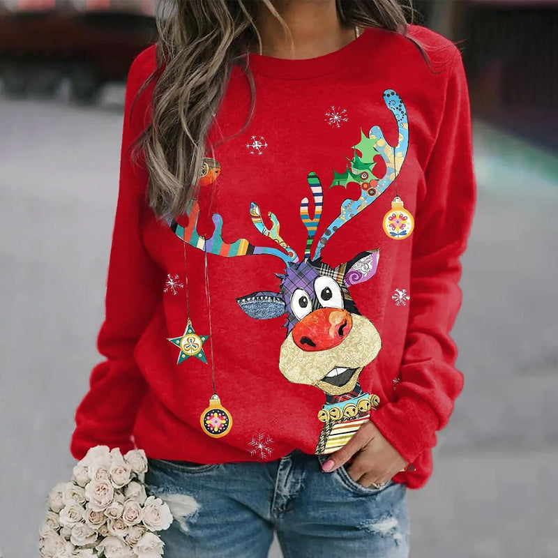 Autunno Inverno Maglione di Natale Top eleganti vintage da donna Girocollo T-shirt con pupazzo di neve a maniche lunghe stampata con animali - Gufetto Brand 