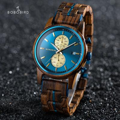 BOBO BIRD Wood Watch Men Business Quartz Watches Engraved Wooden Chronograph Wristwatch with Date Display Custom reloj madera - Gufetto Brand 