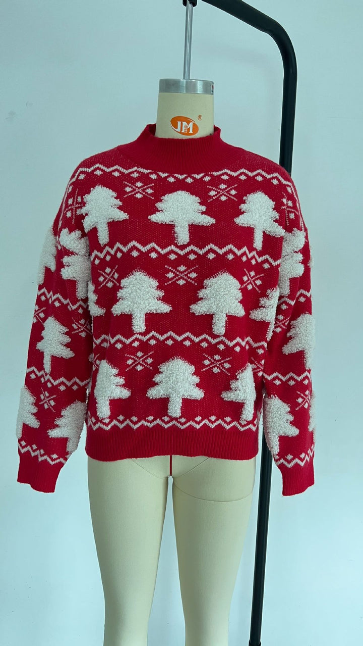 Maglione a maniche lunghe ricamato con asciugamano natalizio a mezzo dolcevita da donna - Gufetto Brand 