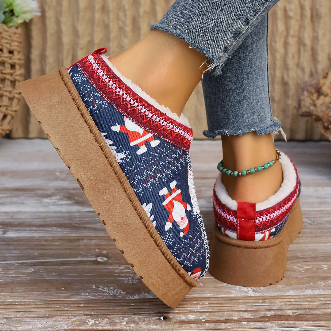 Stivaletti da donna con stampa natalizia in cartone animato, scarpe casual foderate in peluche, comodi stivaletti invernali - Gufetto Brand 