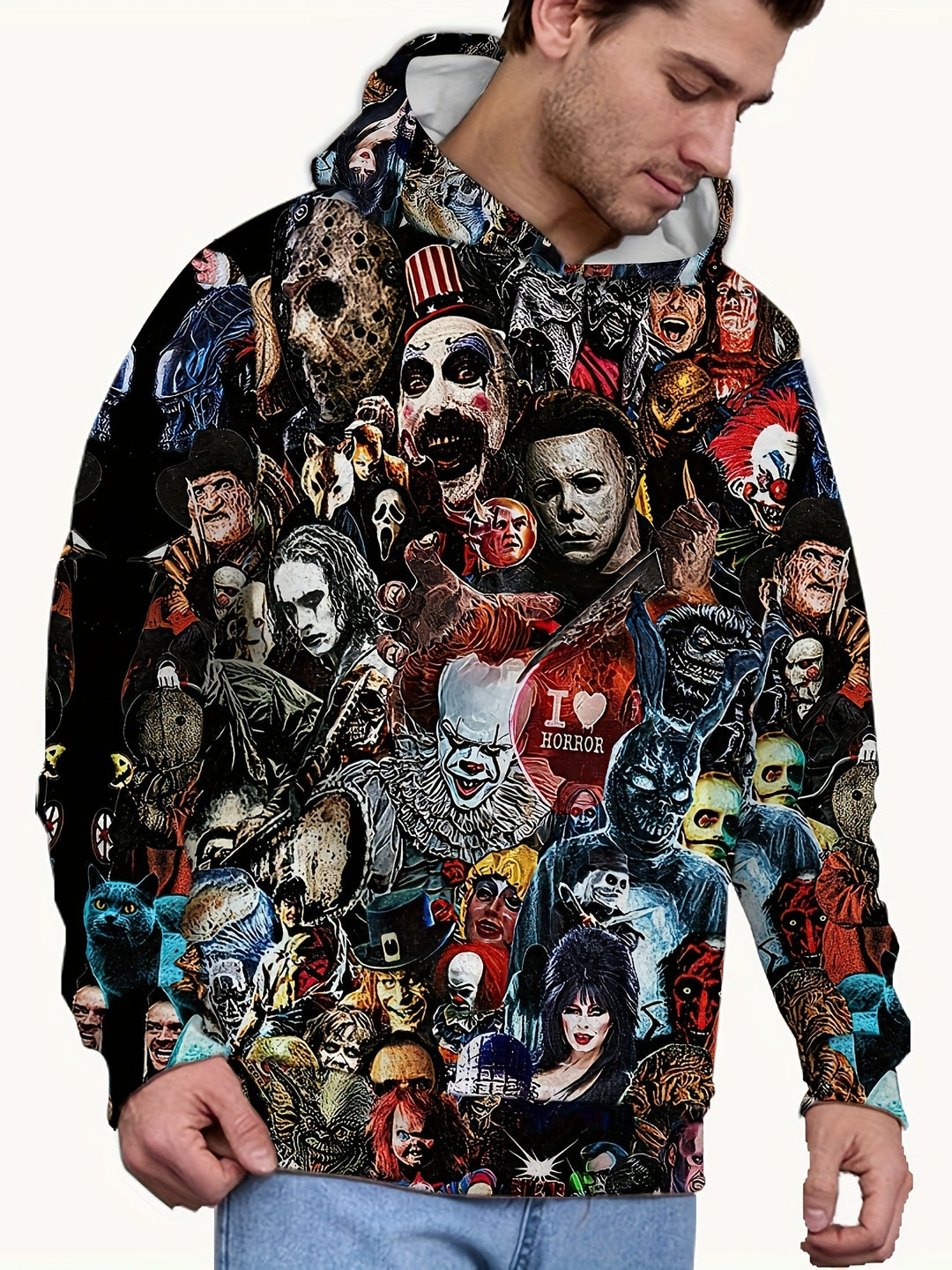 Men's Casual Horror Themed Hoodie with All Over Print - Polyester Spandex Blend, Slight Stretch, Hooded Pullover with Knit Fabric, Regular Fit for Autumn Winter - Gufetto Brand 