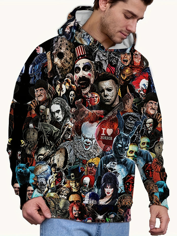 Men's Casual Horror Themed Hoodie with All Over Print - Polyester Spandex Blend, Slight Stretch, Hooded Pullover with Knit Fabric, Regular Fit for Autumn Winter - Gufetto Brand 