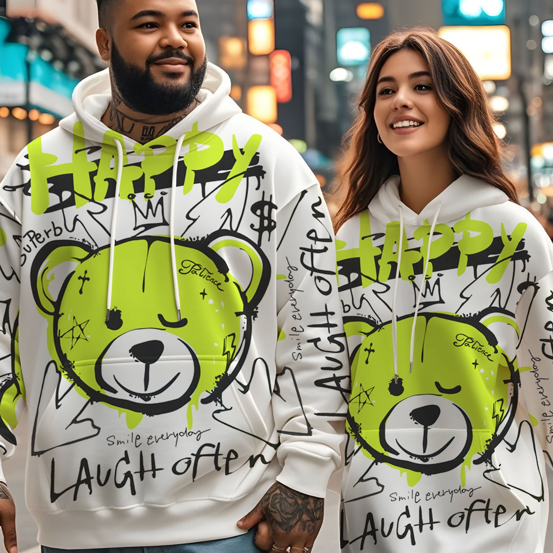 1pc Happy Bear Cartoon Graffiti Print Men'S Hoodie, Casual Streetwear Style, Loose Fit Pullover, Polyester Knit Fabric, Regular Size, Party & Daily Wear - Gufetto Brand 