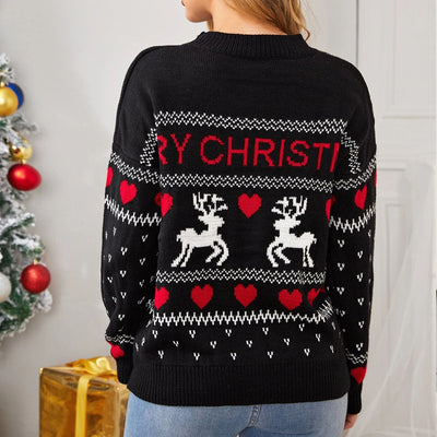 Simpatico maglione con stampa a cuore di alce Pullover alla moda da donna Maglione lavorato a maglia di Natale Top invernali - Gufetto Brand 