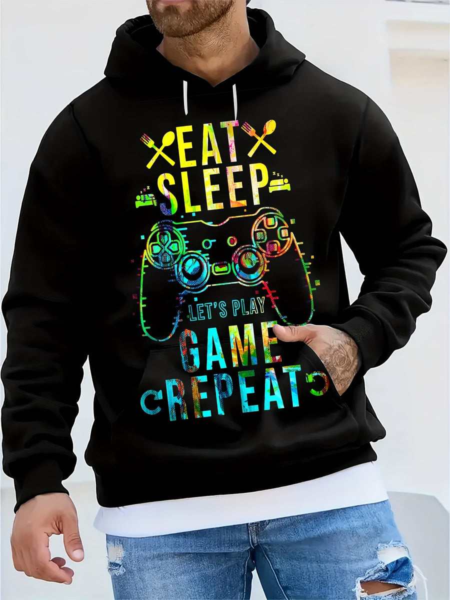Men's 'EAT GAME...' Print Hooded Sweatshirt, Casual Trendy Long Sleeve Top As Gift - Gufetto Brand 