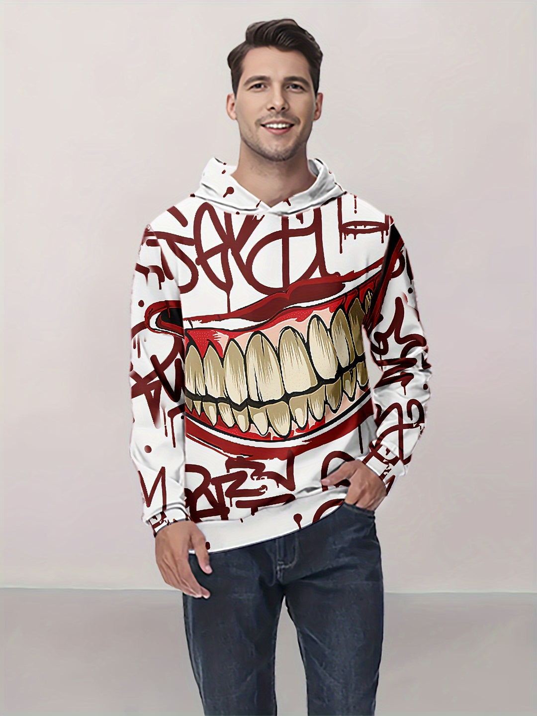 Men's 3D Creepy Smile Print Hoodie - Casual & Stylish Pullover with Kangaroo Pocket, Perfect for Outdoor Activities - Gufetto Brand 